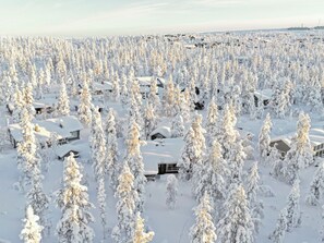 Un paisaje nevado con varias cabañas rodeadas de densos árboles de hoja perenne.