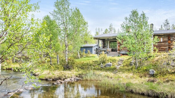 A rustic cabin with a stone pathway leading to the entrance, surrounded by lush greenery and a clear stream.