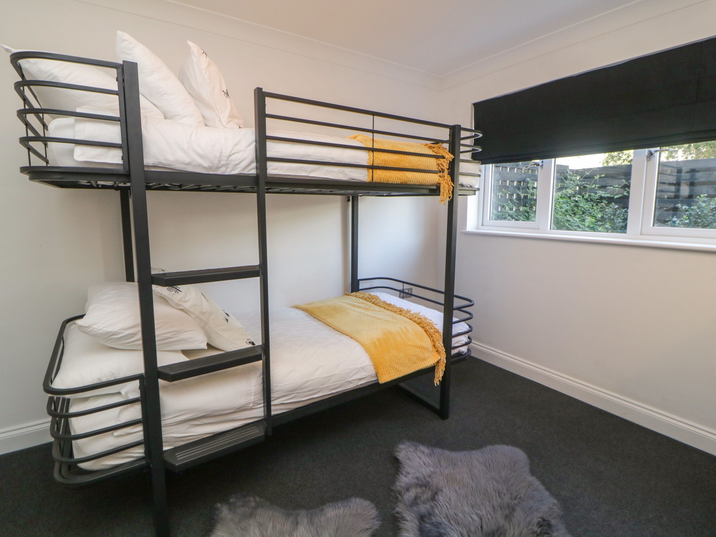 A bunk bed room with a window, carpet, and a rug.