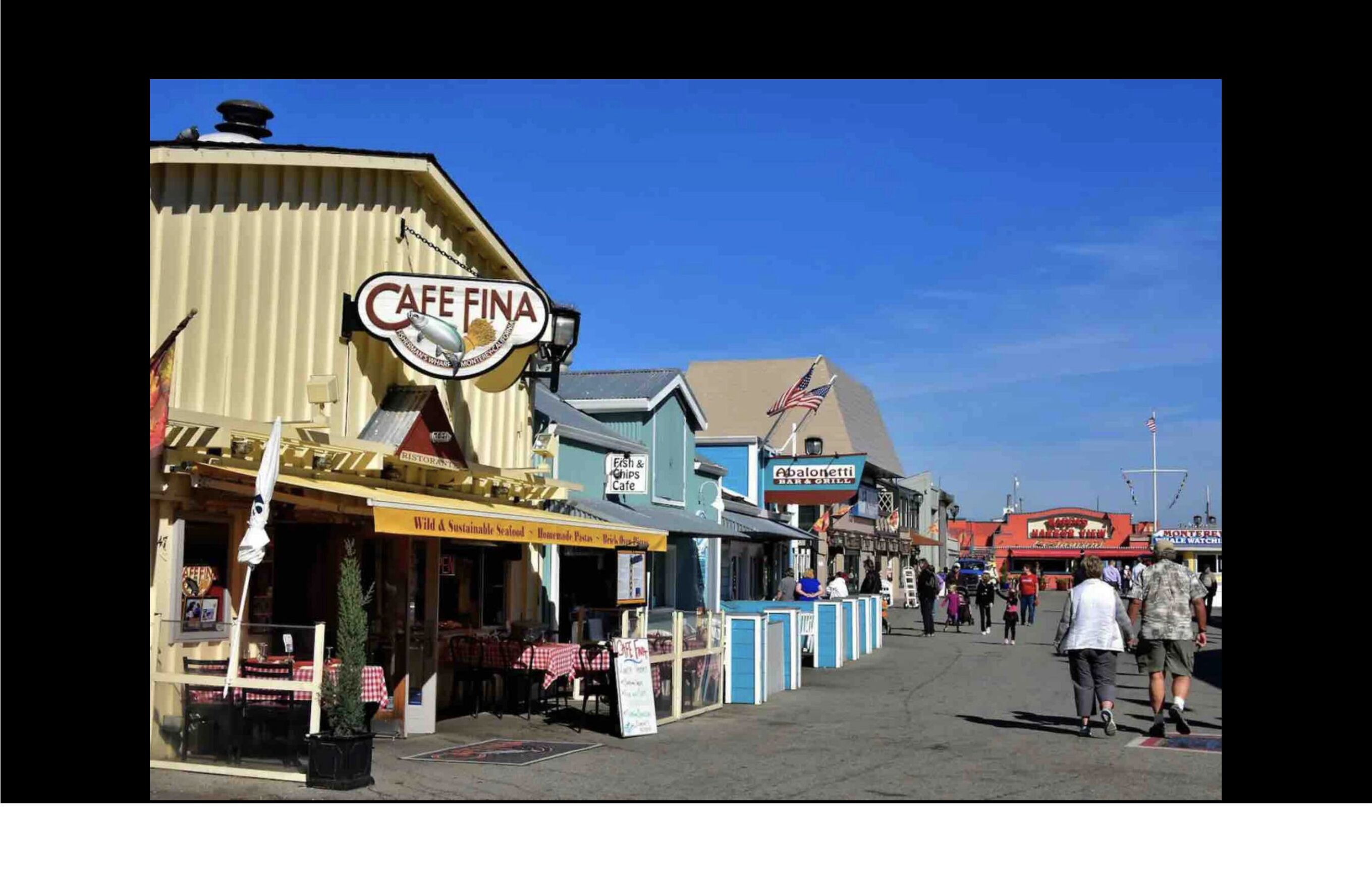 A street with various shops and a sign for Cafe Fina.