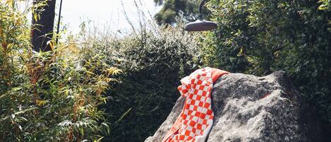 A towel draped over a rock in a natural setting with bamboo and trees.