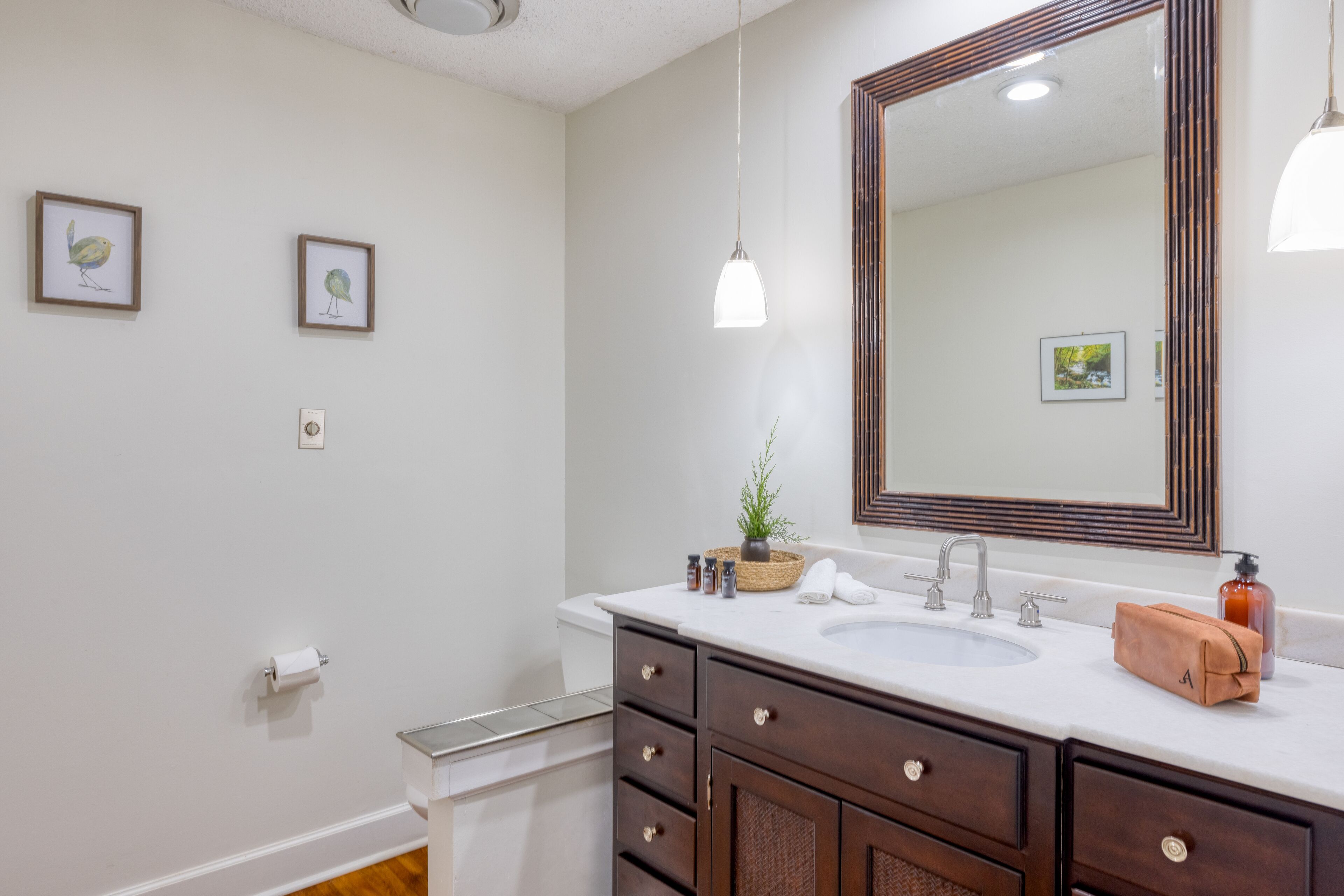 Une salle de bain avec un lavabo blanc, un meuble-lavabo en bois foncé et un grand miroir.
