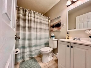 Une salle de bain comprenant des toilettes, un rideau de douche, un lavabo, un miroir et un porte-serviettes.