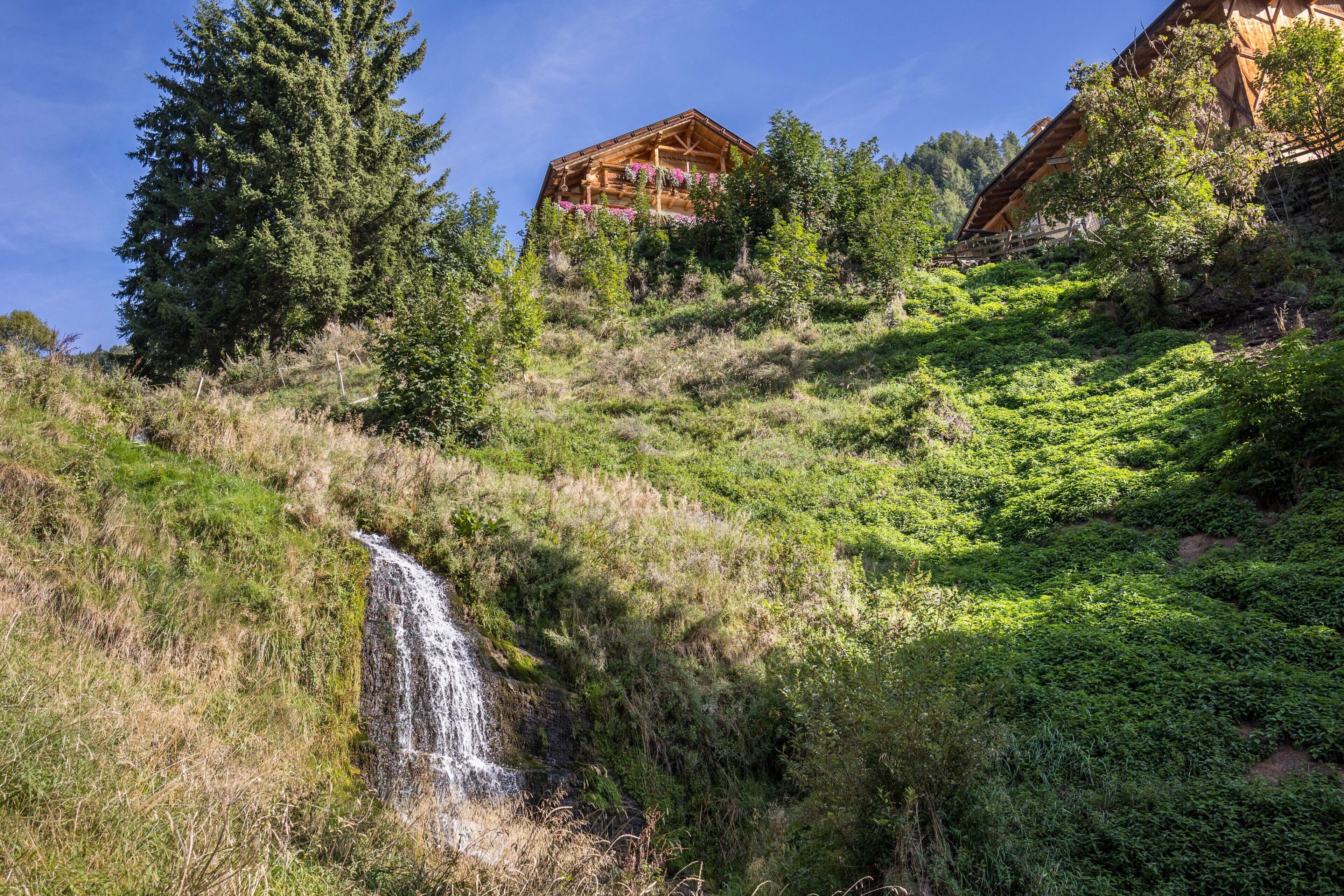 Una cabaña de madera con una cascada al frente, rodeada de exuberante vegetación y árboles.