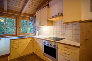 Fridge, microwave, oven, stovetop - Holiday Apartment "Adult Only Wasserfall Tschorn" with Mountain View, Balcony & Wi-Fi (Pfunders)