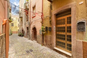 A narrow cobblestone street with buildings on either side, a wooden door, and a window with a grid pattern.