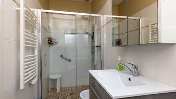 Shower, hair dryer, towels