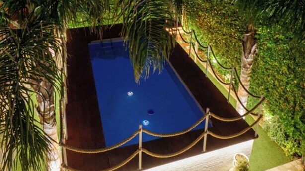 Una piscina rectangular envoltada de palmeres i un camí de pedra.