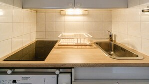 Cocina con placa de inducción negra, un lavamanos de acero inoxidable y lavavajillas debajo.