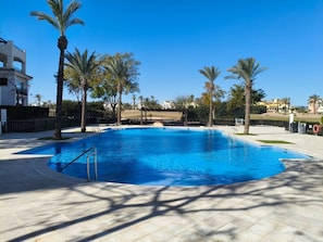 A swimming pool with a clear blue water, surrounded by palm trees and a paved walkway.