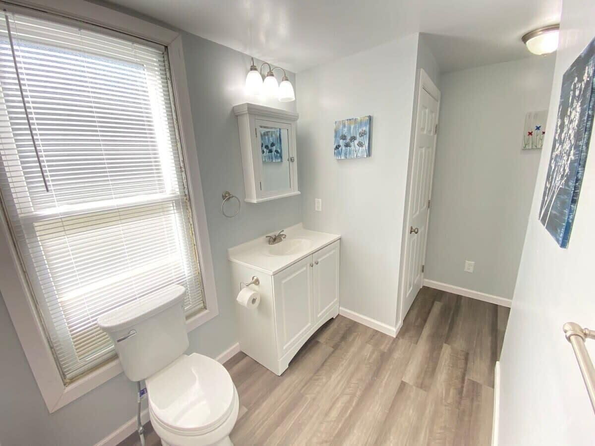 A bathroom with a toilet, sink, and cabinet, featuring light blue walls and wooden flooring.