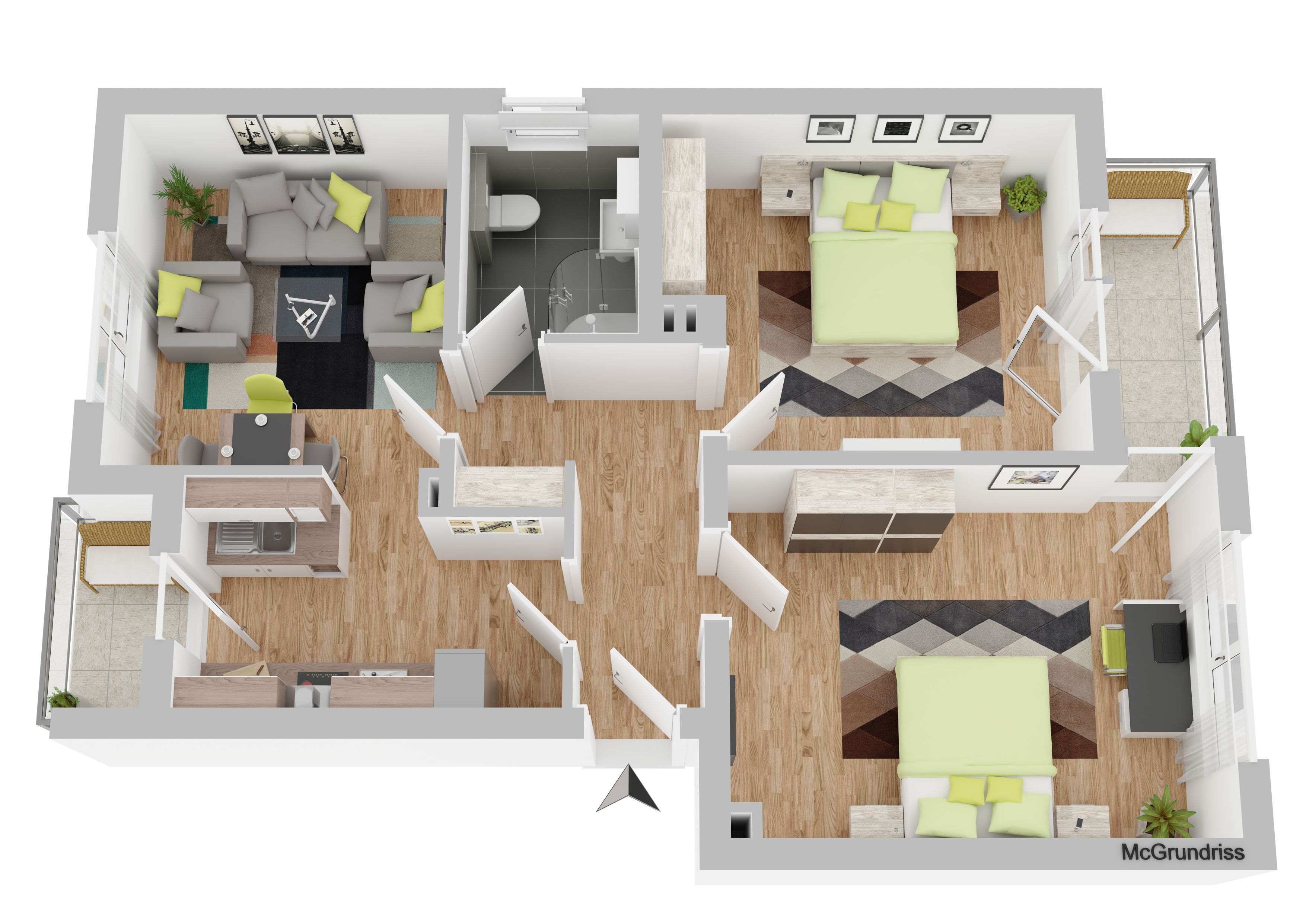 A modern apartment layout with two bedrooms, a living room, a dining area, and a kitchen.