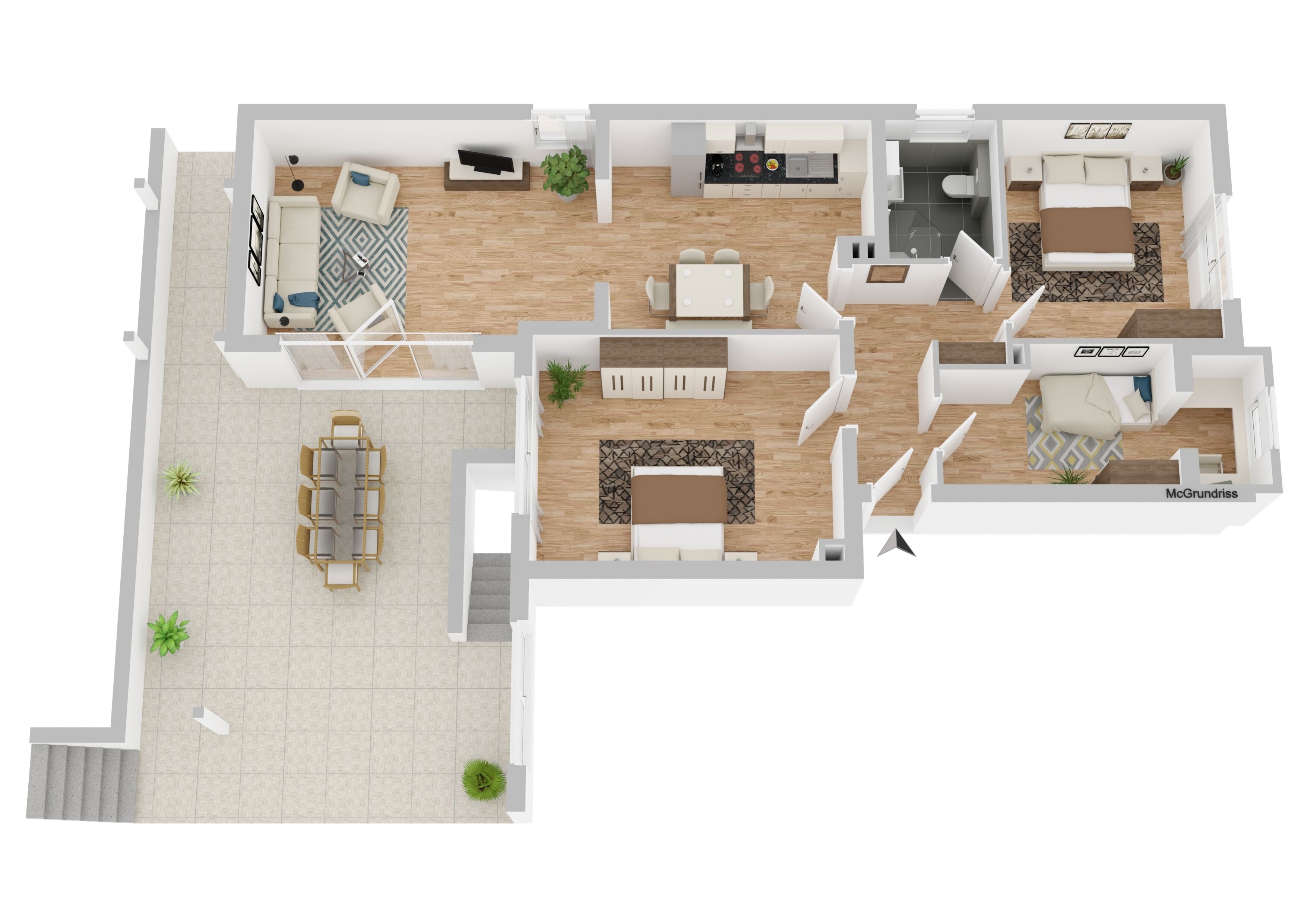 Plano de planta de un apartamento moderno con sala de estar, comedor, cocina y dos dormitorios.