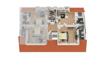 A floor plan of a hotel with a communal kitchen, a shared bathroom, a dining area, and a kitchenette.
