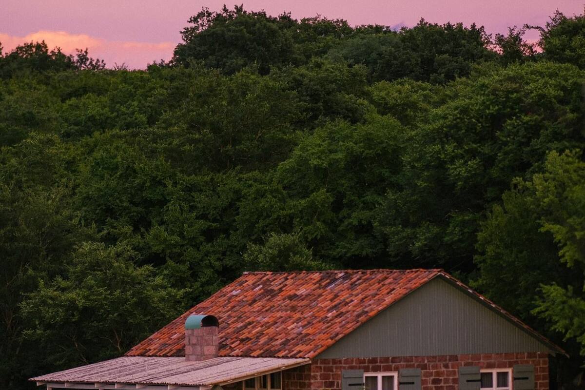 A rustic cabin with a tiled roof, a chimney, and a porch with chairs.