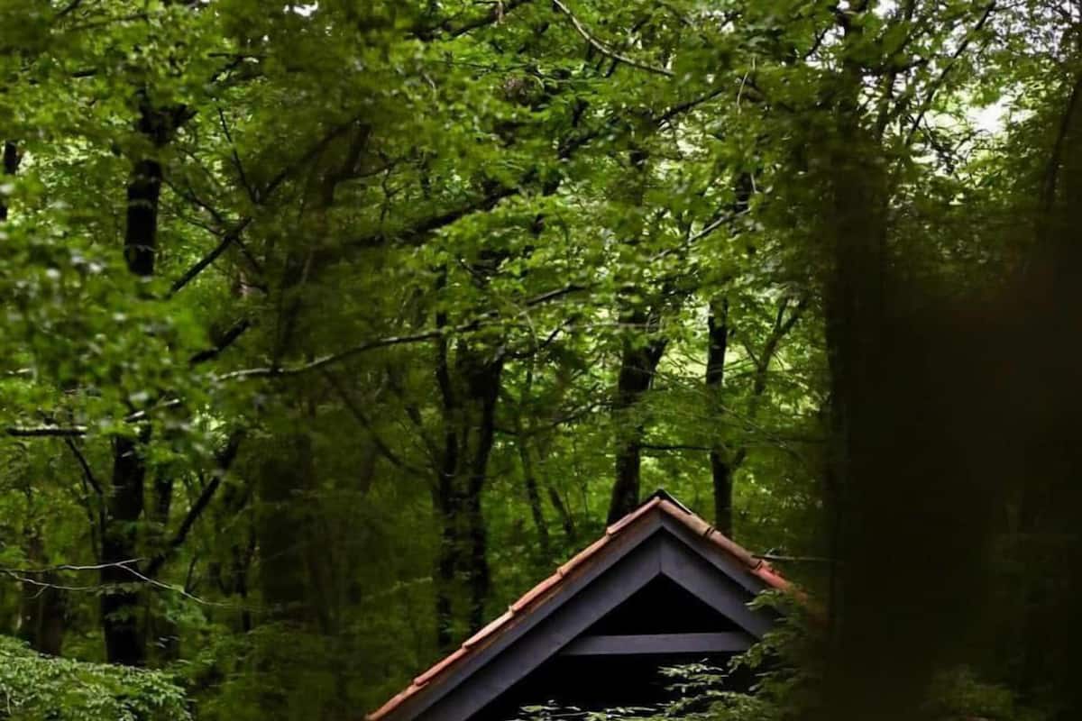 A small cabin with a sloped roof, a single door, and a window. There is a white chair and a small table outside.