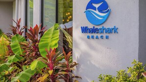 Señal de Whaleshark Beach con un logotipo y nombre.