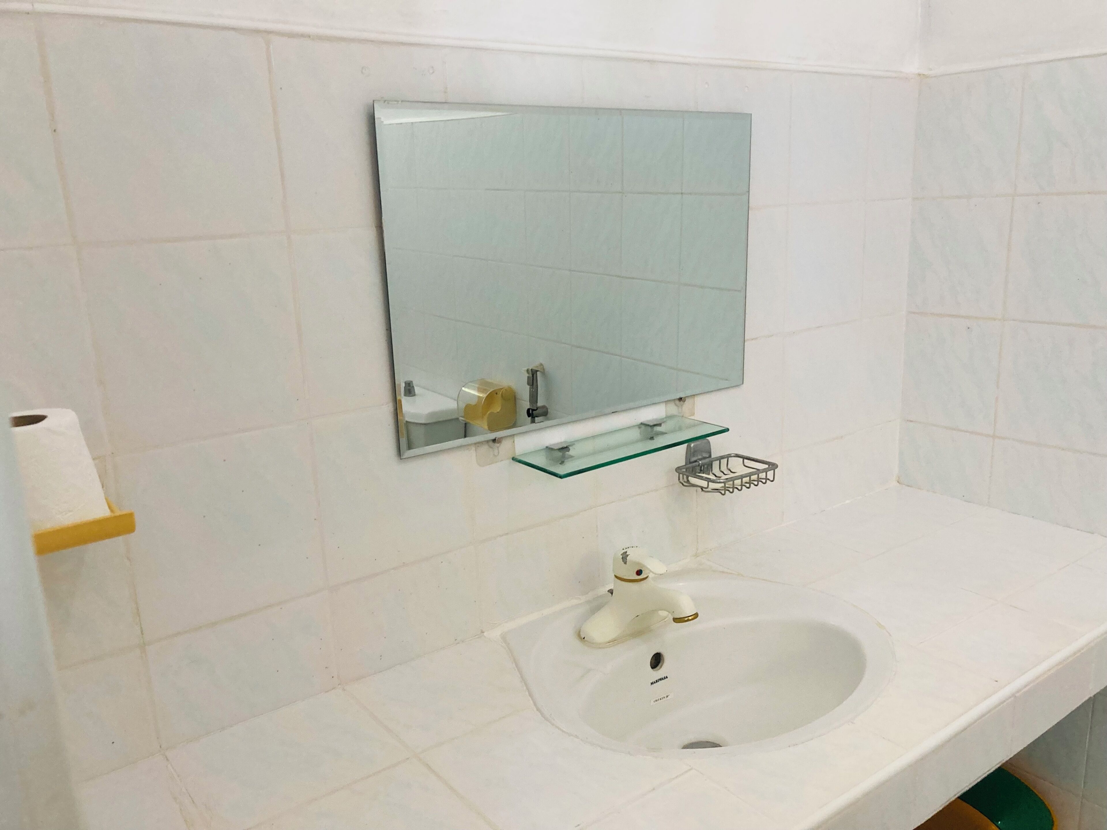 Un baño con lavamanos blanco, un espejo y un dispensador de papel higiénico.