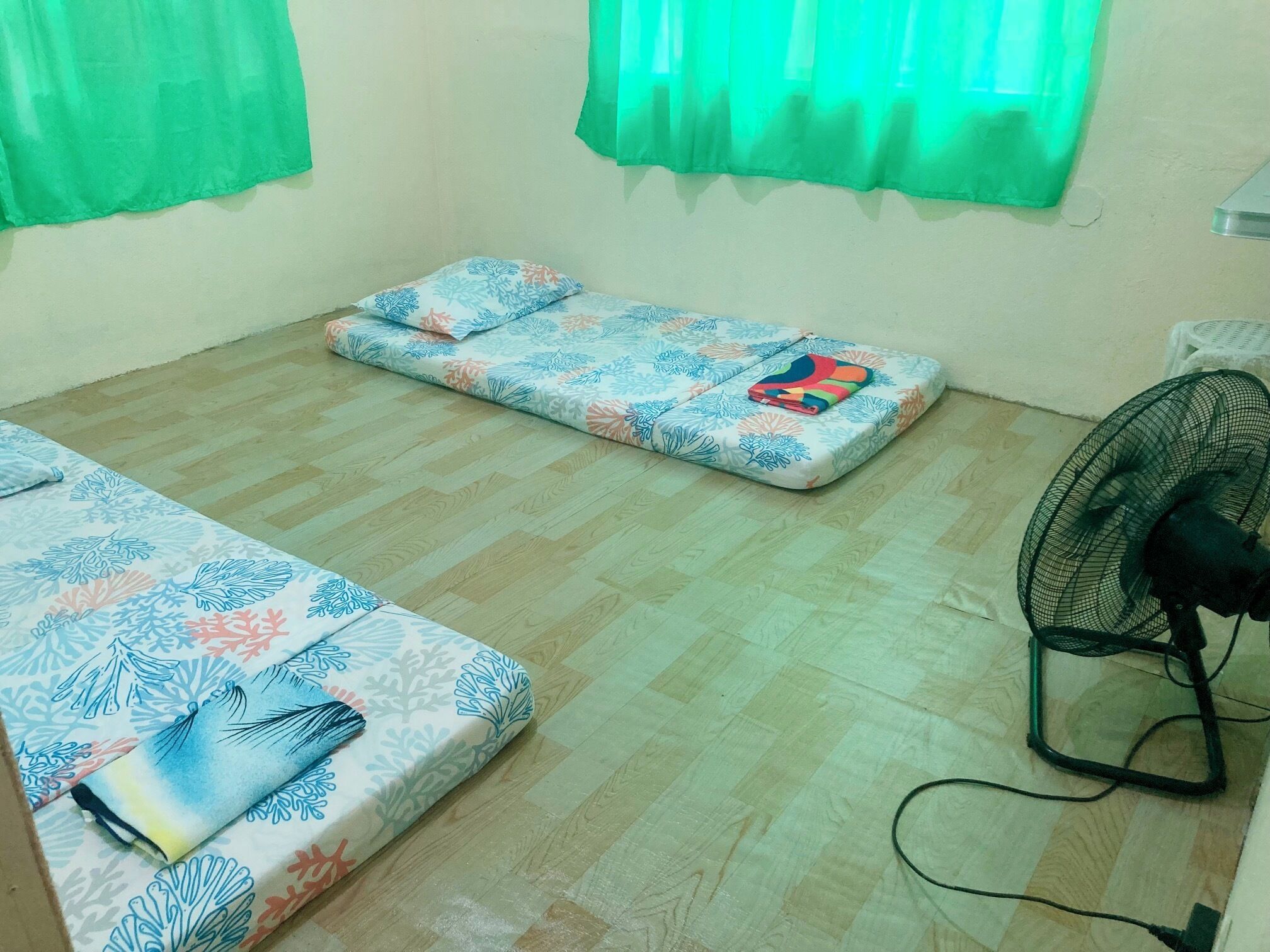 A room with two beds, a fan, and green curtains.