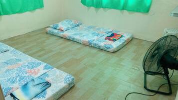 A room with two beds, a fan, and green curtains.