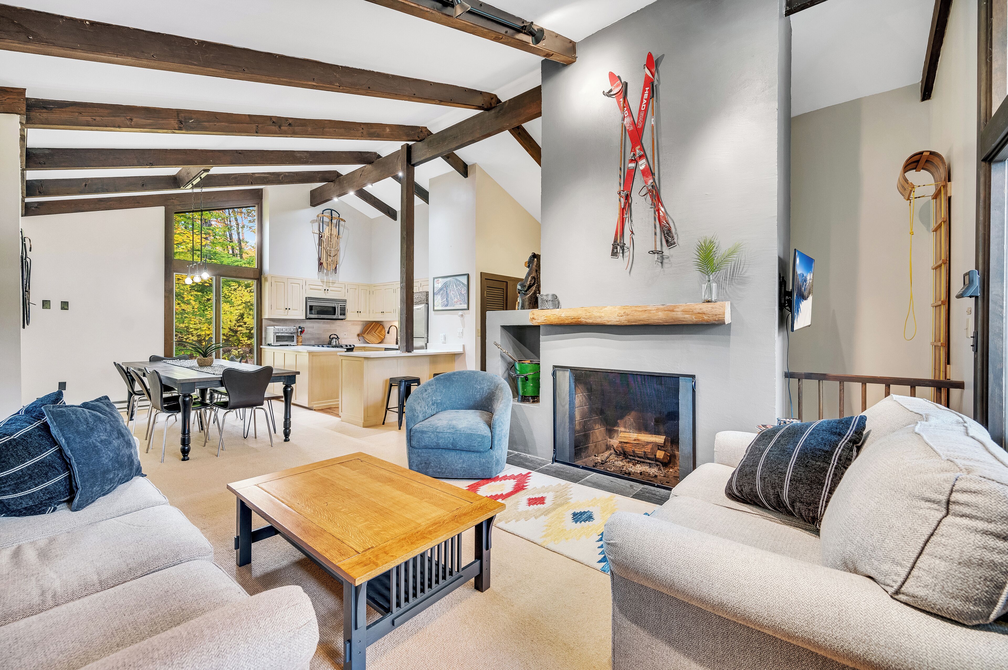 Smart TV, fireplace, video games, stereo