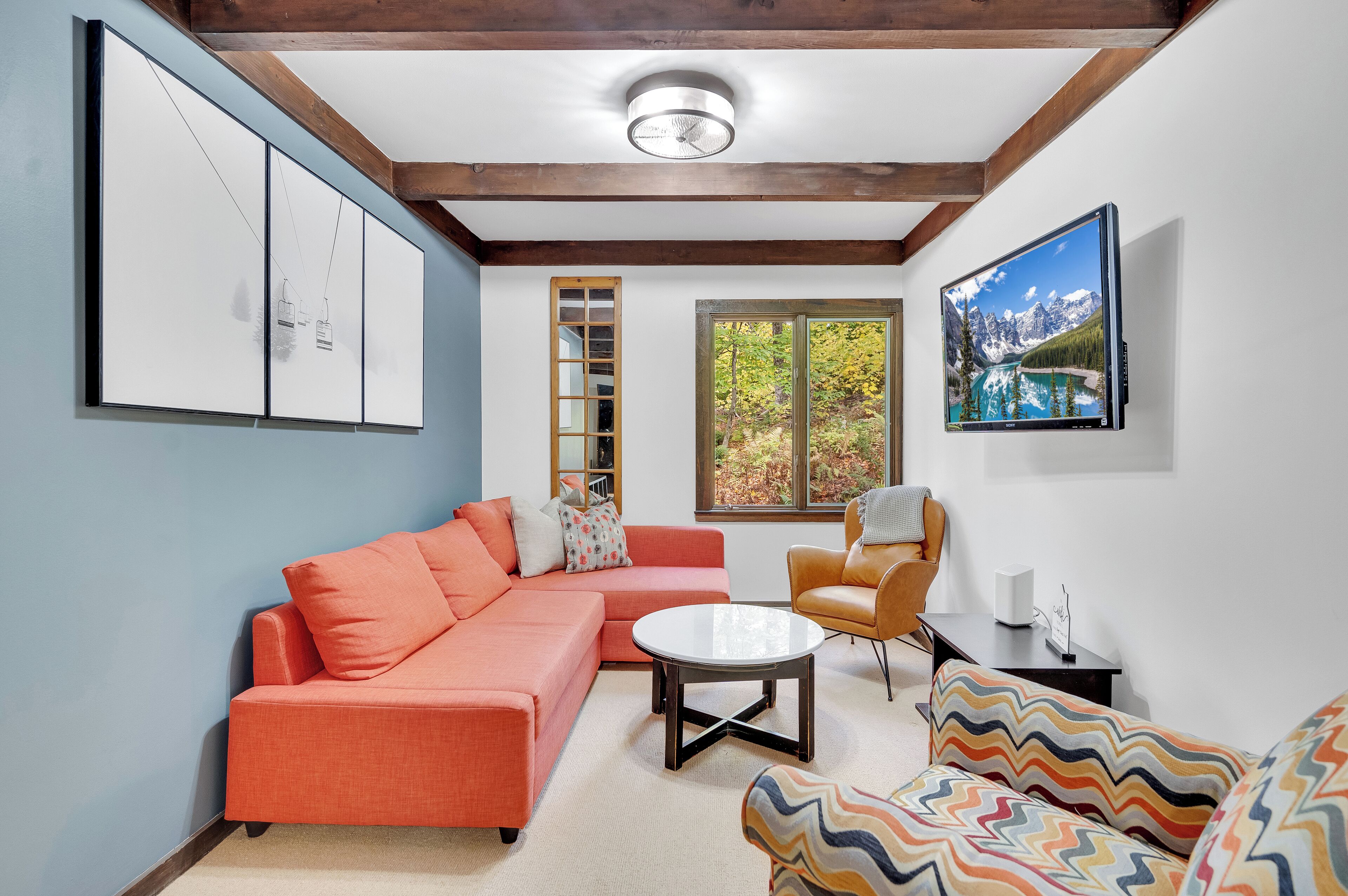 Smart TV, fireplace, video games, stereo