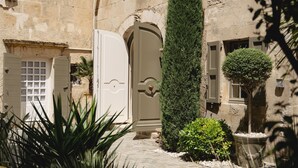 Un edificio de piedra con un arcoado tradicional, un alto árbol cónico y una pequeña planta en maceta.