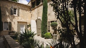 Un patio con muros de piedra, un árbol alto y varias plantas.