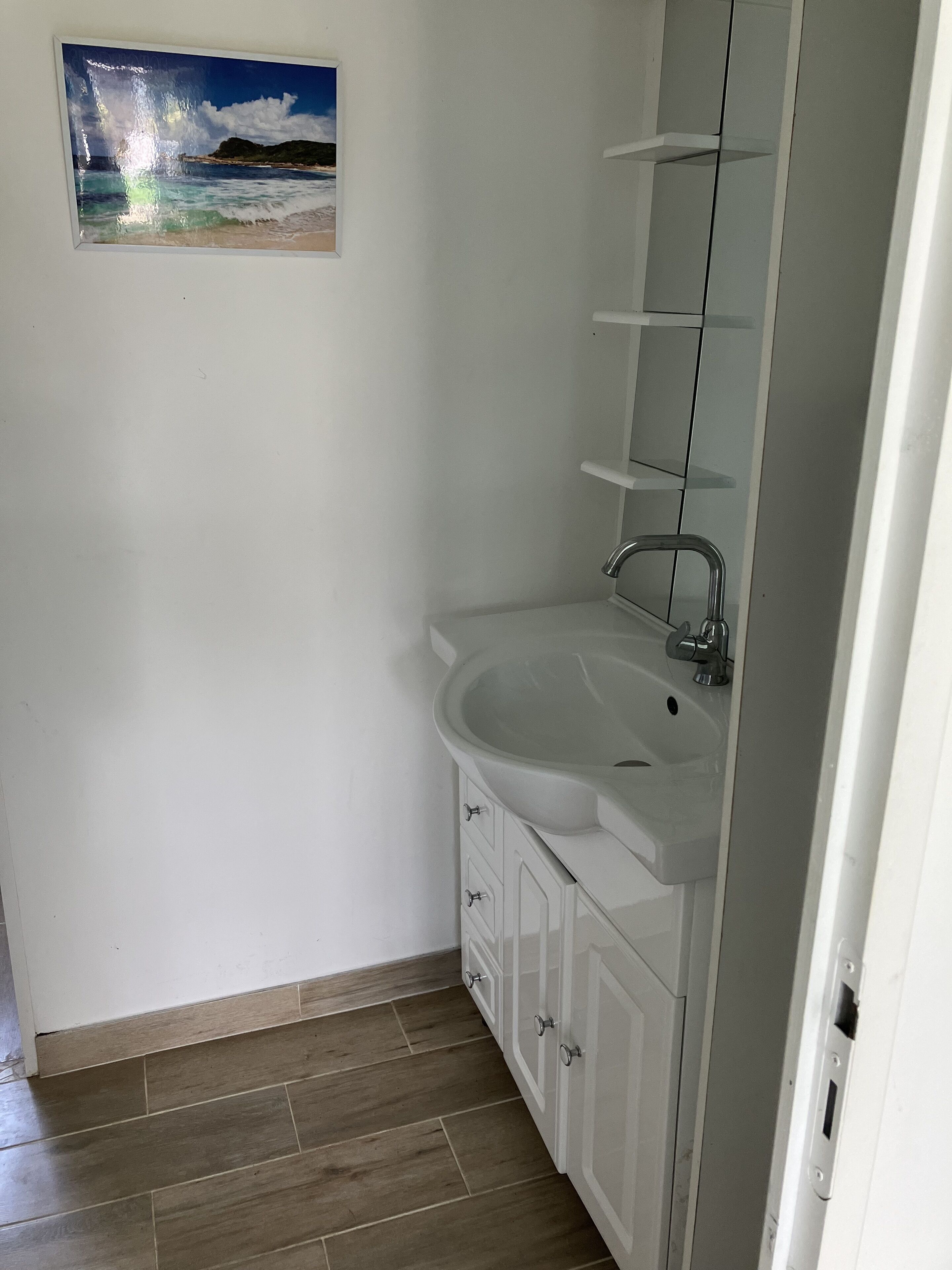 A bathroom with a white sink, a mirror, and a wooden floor.