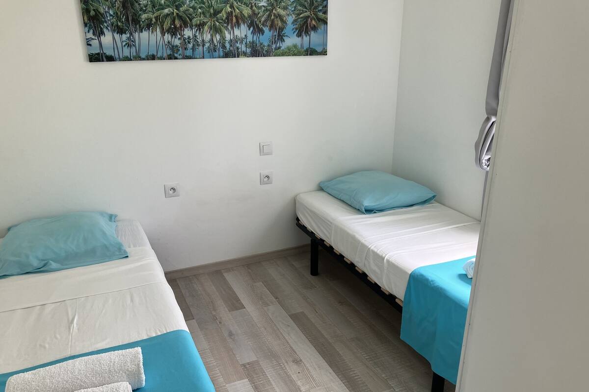 Une petite chambre propre, avec deux lits simples, chacun agrémenté d’un oreiller bleu et d’une couverture blanche. Un tableau représentant des palmiers est accroché au mur, au-dessus des lits.