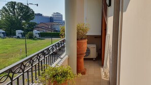 A balcony with a view of a grassy area, a potted plant, and a white air conditioning unit.