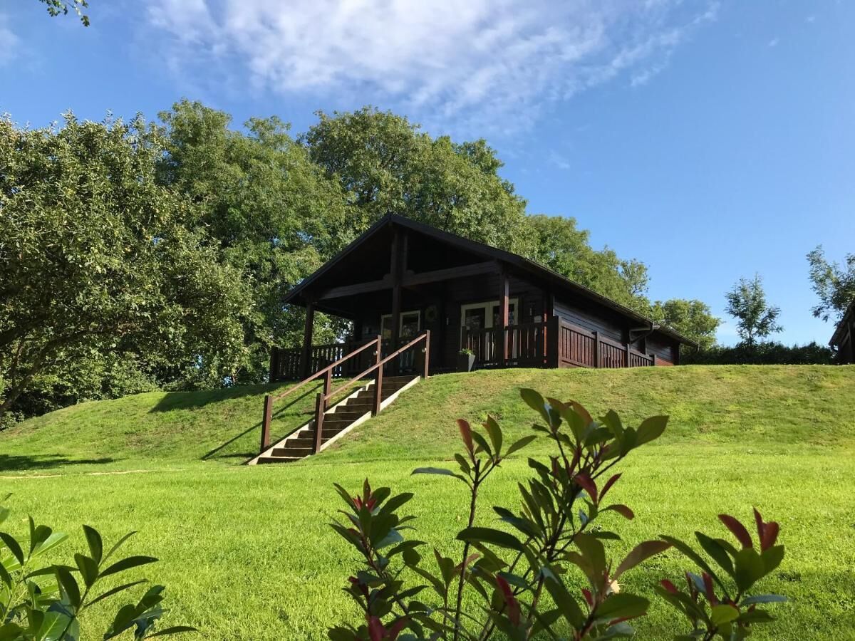 A wooden cabin with a porch and stairs leading up to it, surrounded by lush green grass and trees.