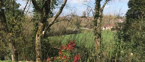 A rural landscape with trees, a bush with red flowers, and a distant view of houses.