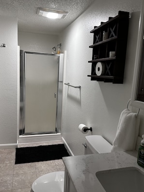 Shower, hair dryer, towels, soap