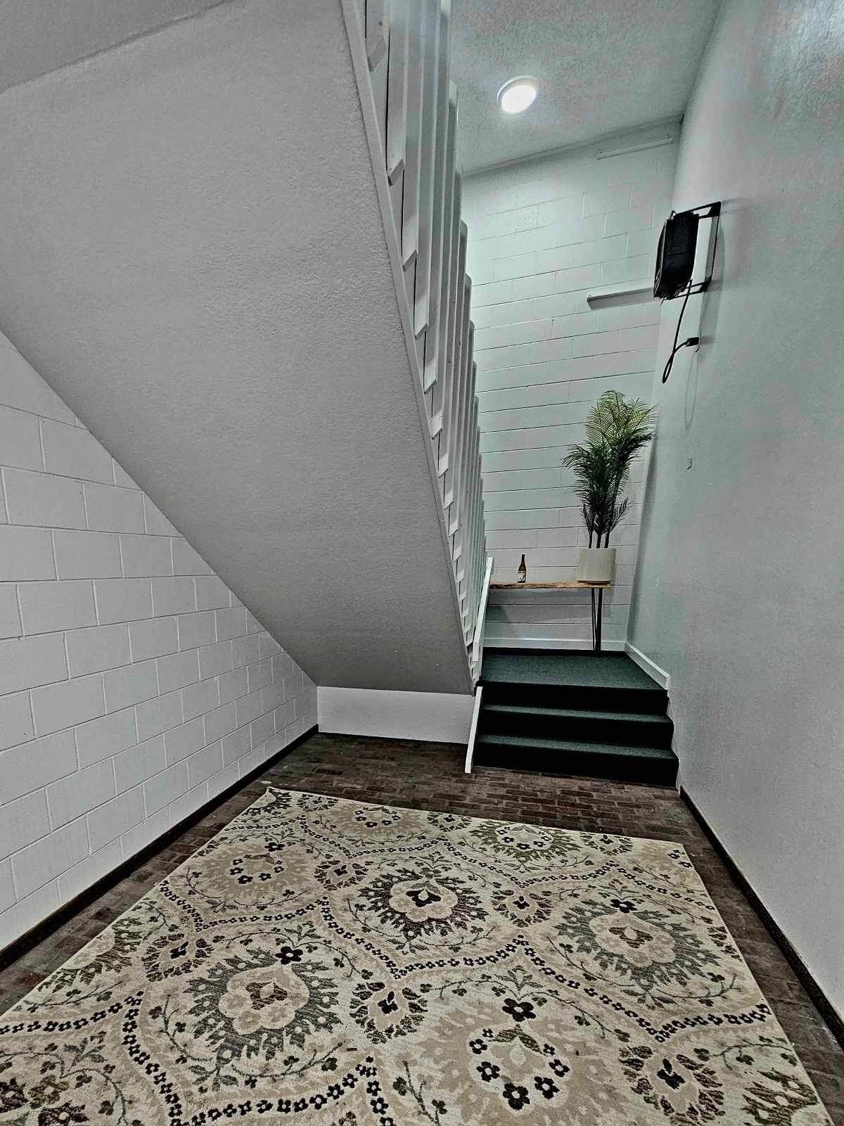 A staircase with white brick walls, a patterned rug, and a potted plant.