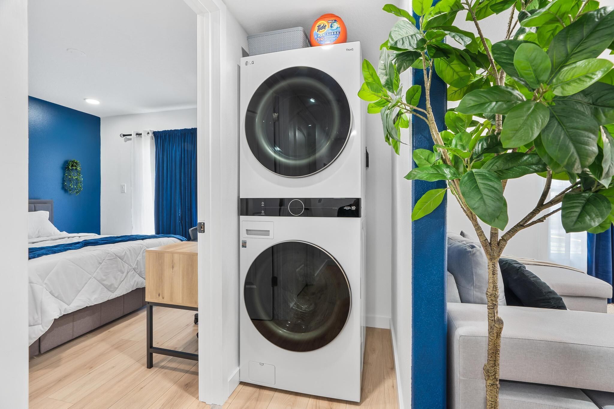 Une pièce de taille modeste, comprenant un lave-linge à double porte, un lit avec une tête de lit bleue, une petite table et une plante en pot.