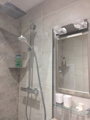 Shower, hair dryer, towels, soap - Au Coeur du Vieux Lyon, Studio Lumineux et Cosy (Lyon)