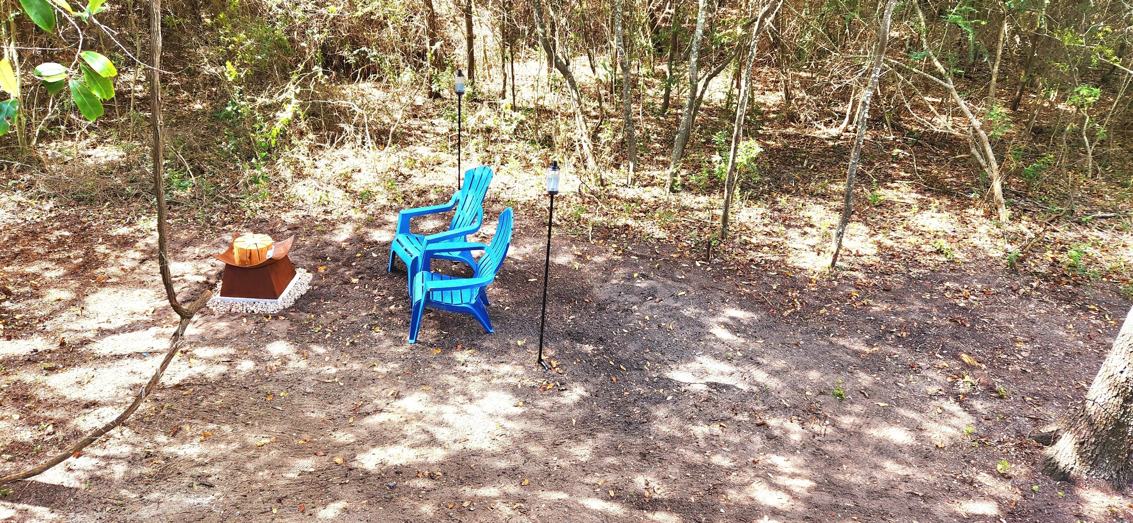 Un área boscosa con una silla de plástico azul y un banco de madera.