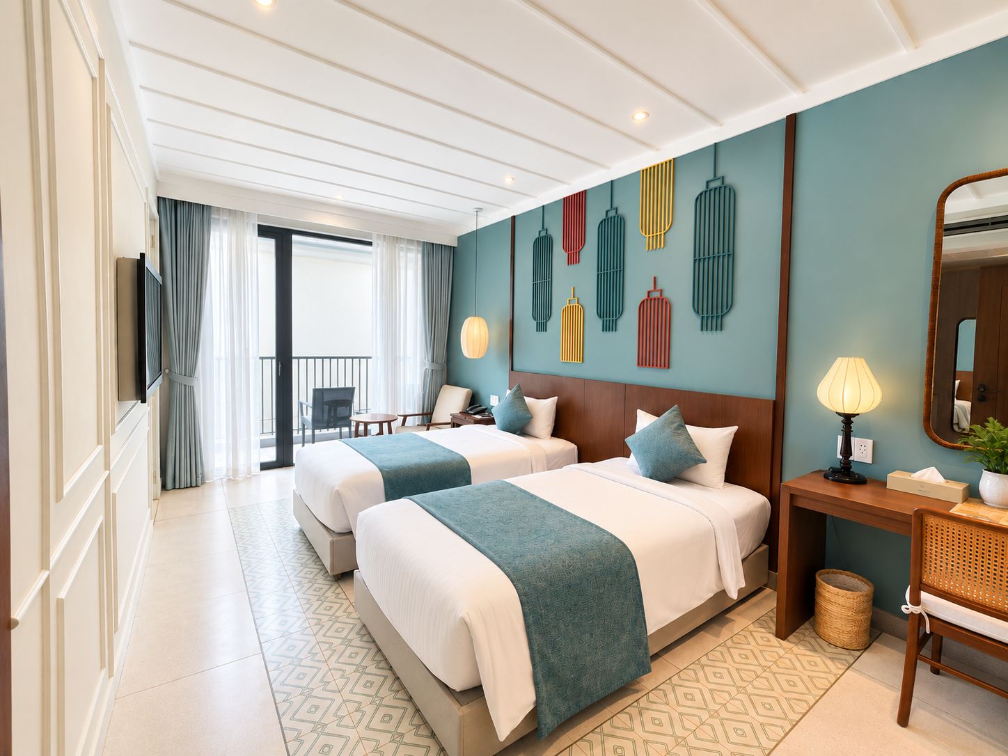A hotel room with two beds, a TV, a bedside table with a lamp, a mirror, and a view of the balcony.