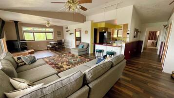 Smart TV, fireplace, books