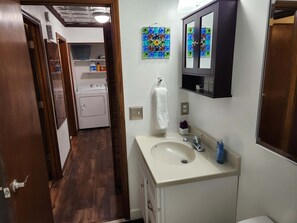 Bathtub, hair dryer, towels