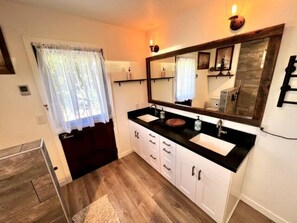 Shower, hair dryer, towels, soap -  New Listing Monthly, Mesa Gardens, 2 Bed Home w/ Private Jacuzzi & Koi Pond  (Santa Barbara)