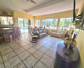 Smart TV, fireplace, DVD player, books