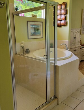 Shower, hair dryer, towels, soap