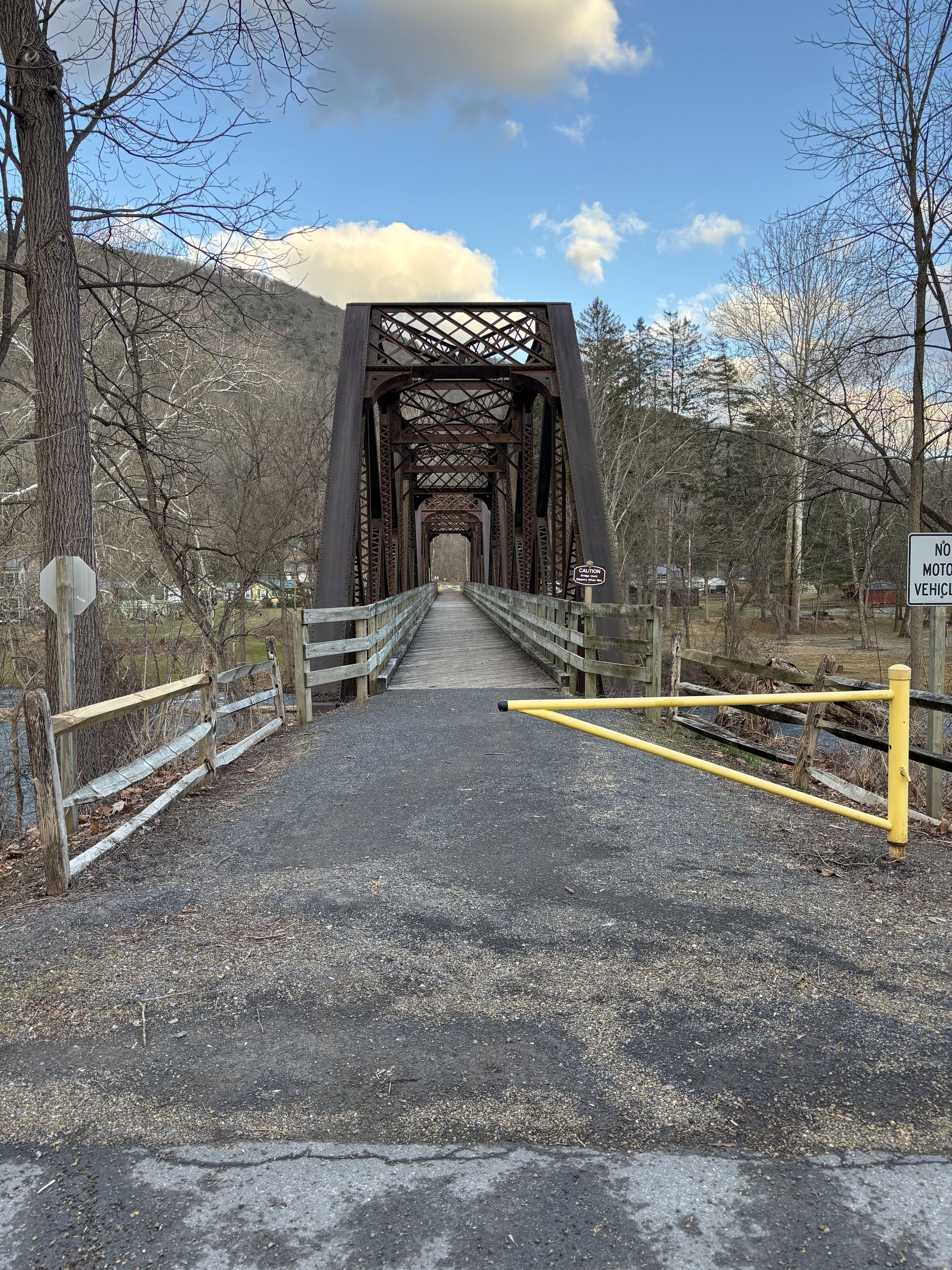 Un puente de metal con pasarela de madera que conduce a una zona boscosa.
