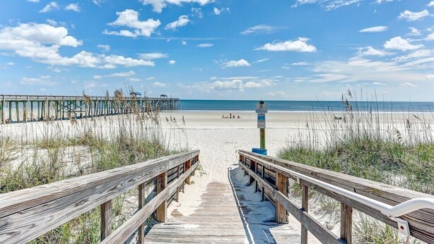 A wooden boardwalk leading to a beach with a clear sky.