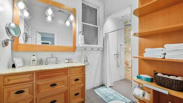 Shower, hair dryer, bidet, towels