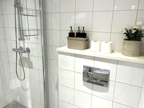 Chuveiro, produtos de toalete grátis, secador de cabelo 