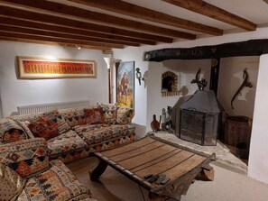 Smart TV, fireplace, DVD player, books