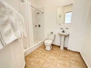 Hair dryer, towels, soap, toilet paper